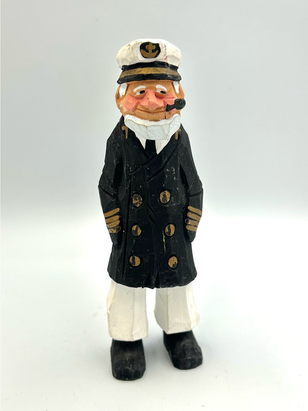 Vintage Hand Carved Wooden Sea Captain Sailor Figurine Folk Art Nautical Decor